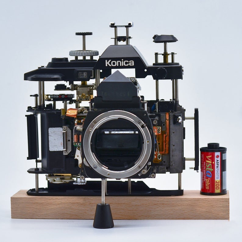 Disassembled Stereo Ancient Mechanical Film Camera Deconstructed Art Decor Customizable with Your Own Beloved Camera As Collection or Gift