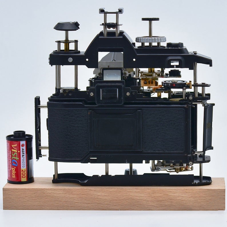 Disassembled Stereo Ancient Mechanical Film Camera Deconstructed Art Decor Customizable with Your Own Beloved Camera As Collection or Gift