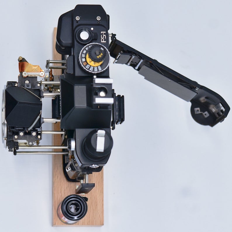 Disassembled Stereo Ancient Mechanical Film Camera Deconstructed Art Decor Customizable with Your Own Beloved Camera As Collection or Gift