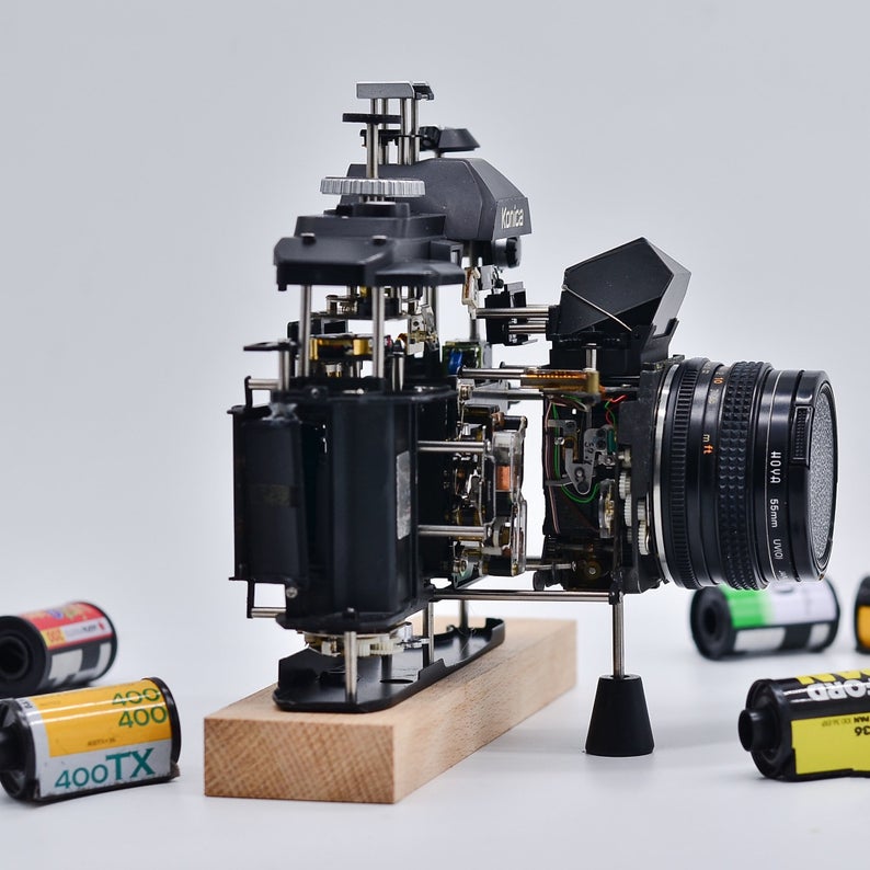 Disassembled Stereo Ancient Mechanical Film Camera Deconstructed Art Decor Customizable with Your Own Beloved Camera As Collection or Gift