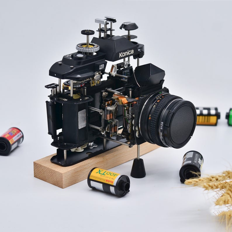 Disassembled Stereo Ancient Mechanical Film Camera Deconstructed Art Decor Customizable with Your Own Beloved Camera As Collection or Gift