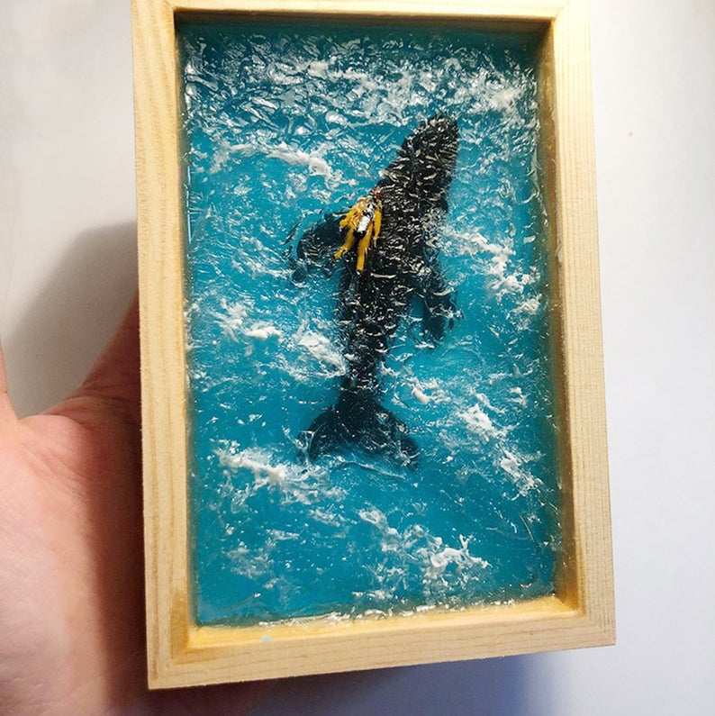 Diver and Sea Whale Resin Wall Frame Art Decoration Underwater Micro Landscape Ornament Birthday Gift Artwork Office Deor Seascape Painting